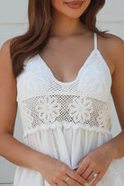 White embroidered cotton boho maxi dress with crochet bodice and lace hemline by Salty Palm Australia