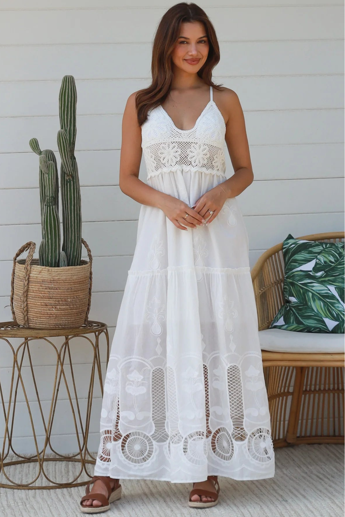 White embroidered cotton boho maxi dress with crochet bodice and lace hemline by Salty Palm Australia