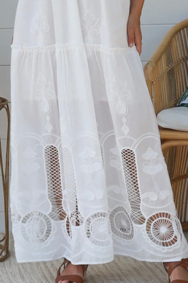 White embroidered cotton boho maxi dress with crochet bodice and lace hemline by Salty Palm Australia