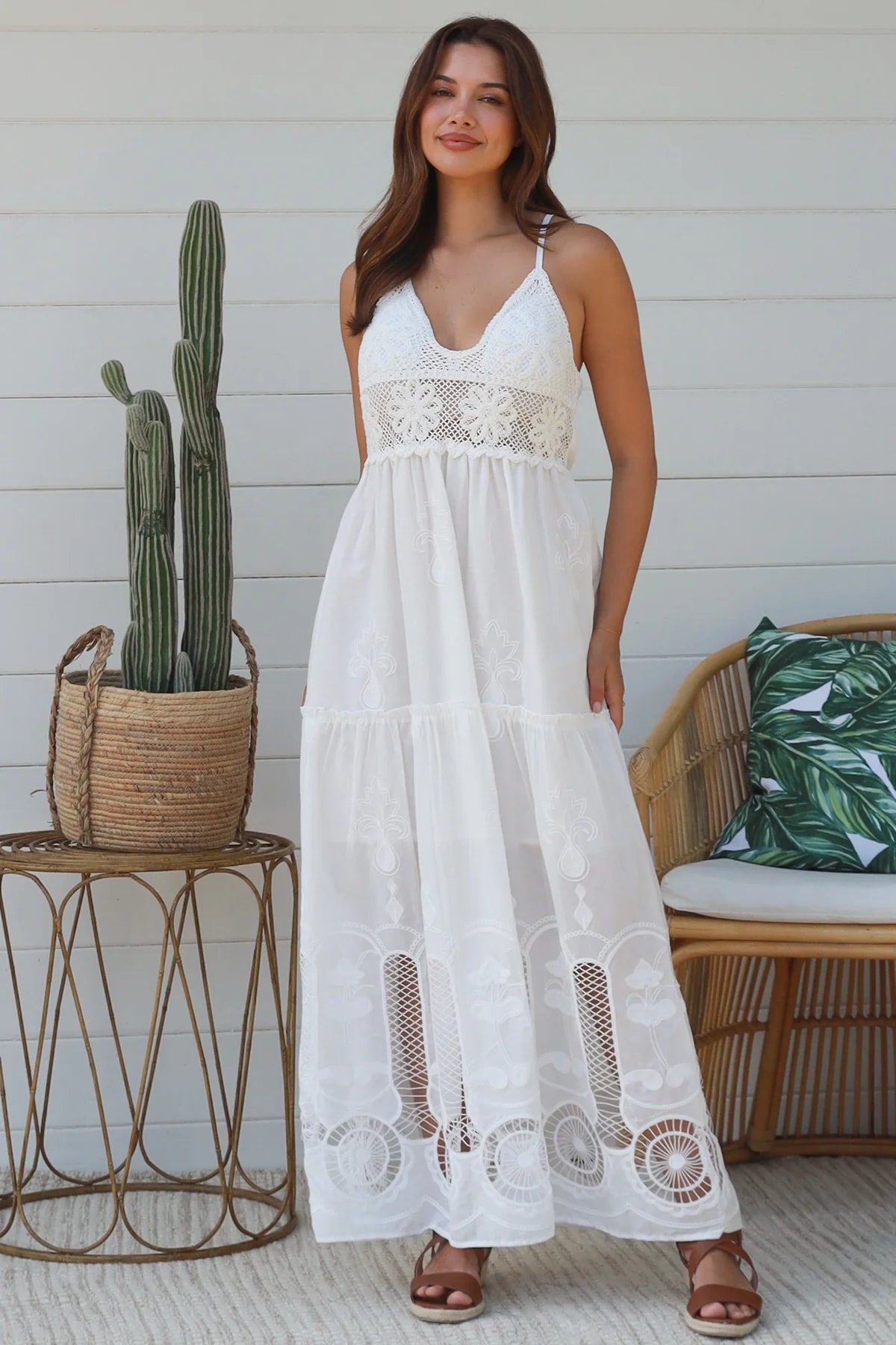 White embroidered cotton boho maxi dress with crochet bodice and lace hemline by Salty Palm Australia