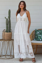 White embroidered cotton boho maxi dress with crochet bodice and lace hemline by Salty Palm Australia