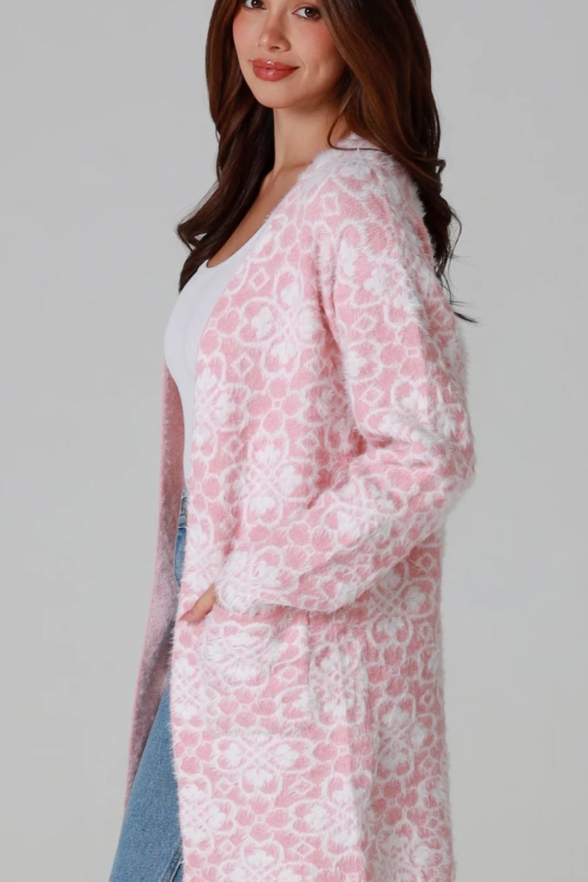 Luxury pink floral longline cardigan brushed knit with front patch pockets Charlotte the Label soft halo texture. Boho Knitwear Australia.