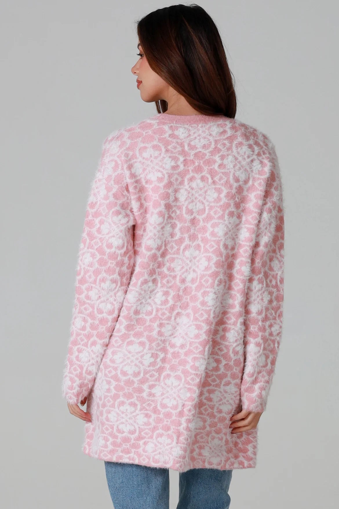 Luxury pink floral longline cardigan brushed knit with front patch pockets Charlotte the Label soft halo texture. Boho Knitwear Australia.