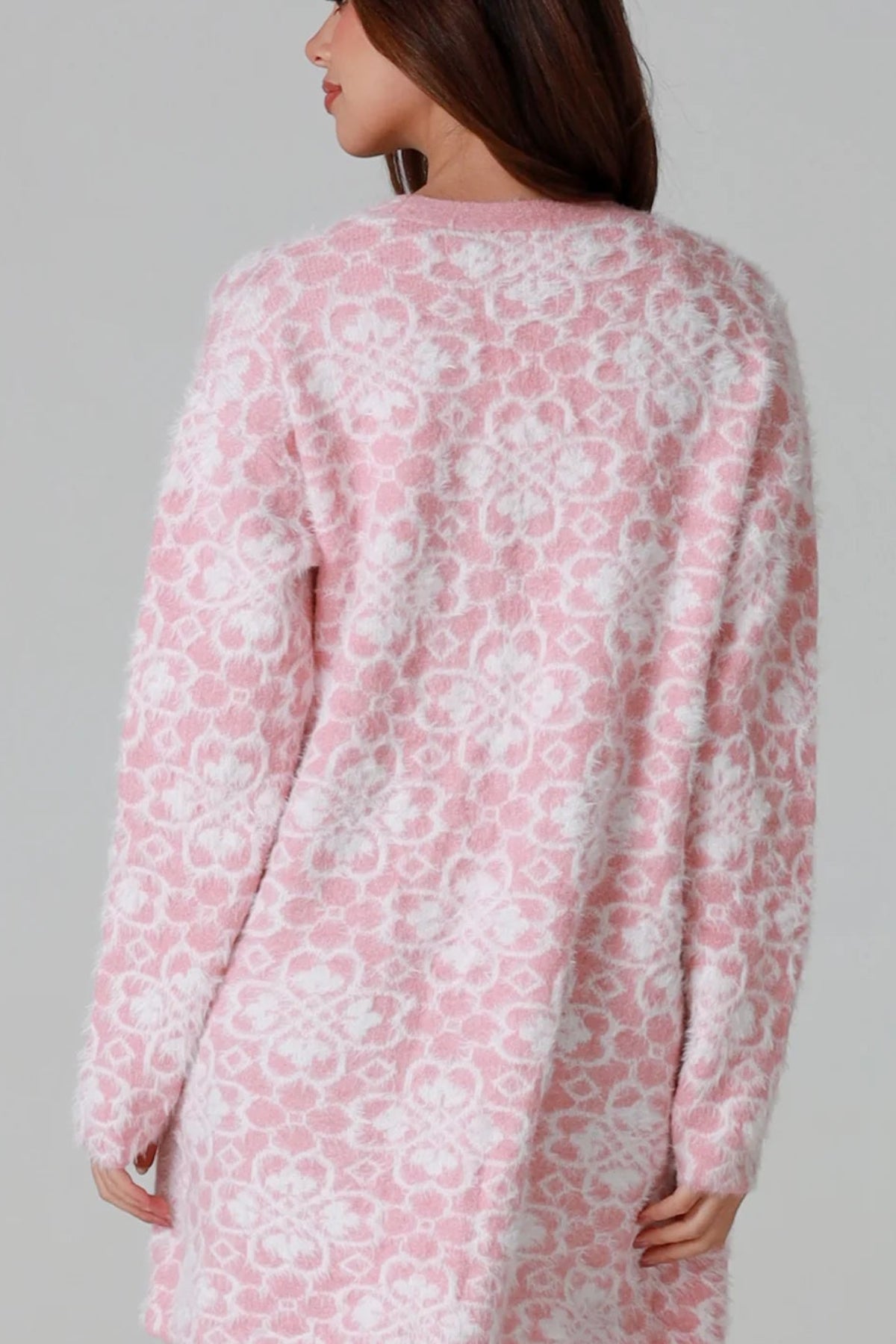 Luxury pink floral longline cardigan brushed knit with front patch pockets Charlotte the Label soft halo texture. Boho Knitwear Australia.