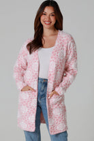 Luxury pink floral longline cardigan brushed knit with front patch pockets Charlotte the Label soft halo texture. Boho Knitwear Australia.