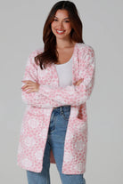 Luxury pink floral longline cardigan brushed knit with front patch pockets Charlotte the Label soft halo texture. Boho Knitwear Australia.