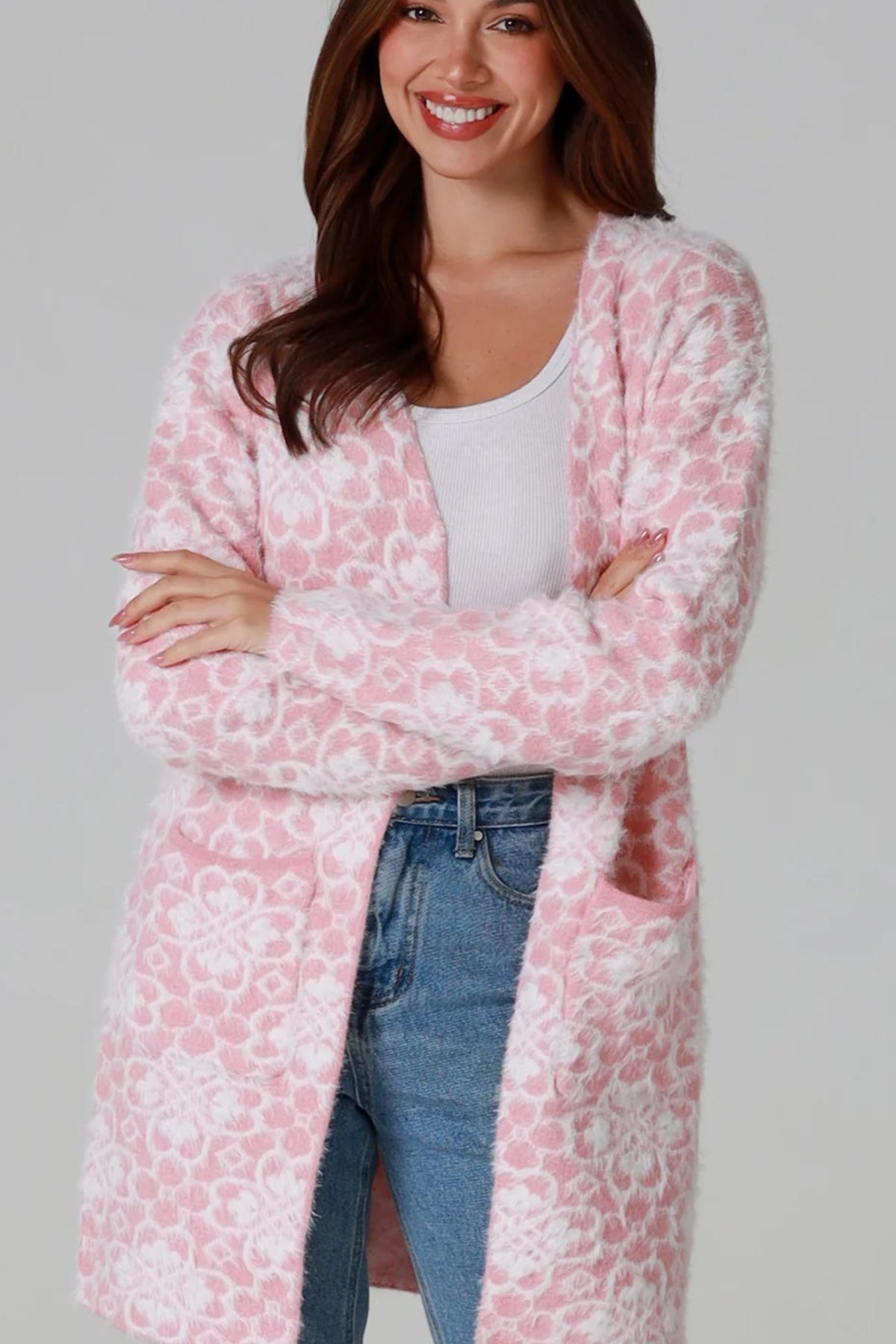 Luxury pink floral longline cardigan brushed knit with front patch pockets Charlotte the Label soft halo texture. Boho Knitwear Australia.
