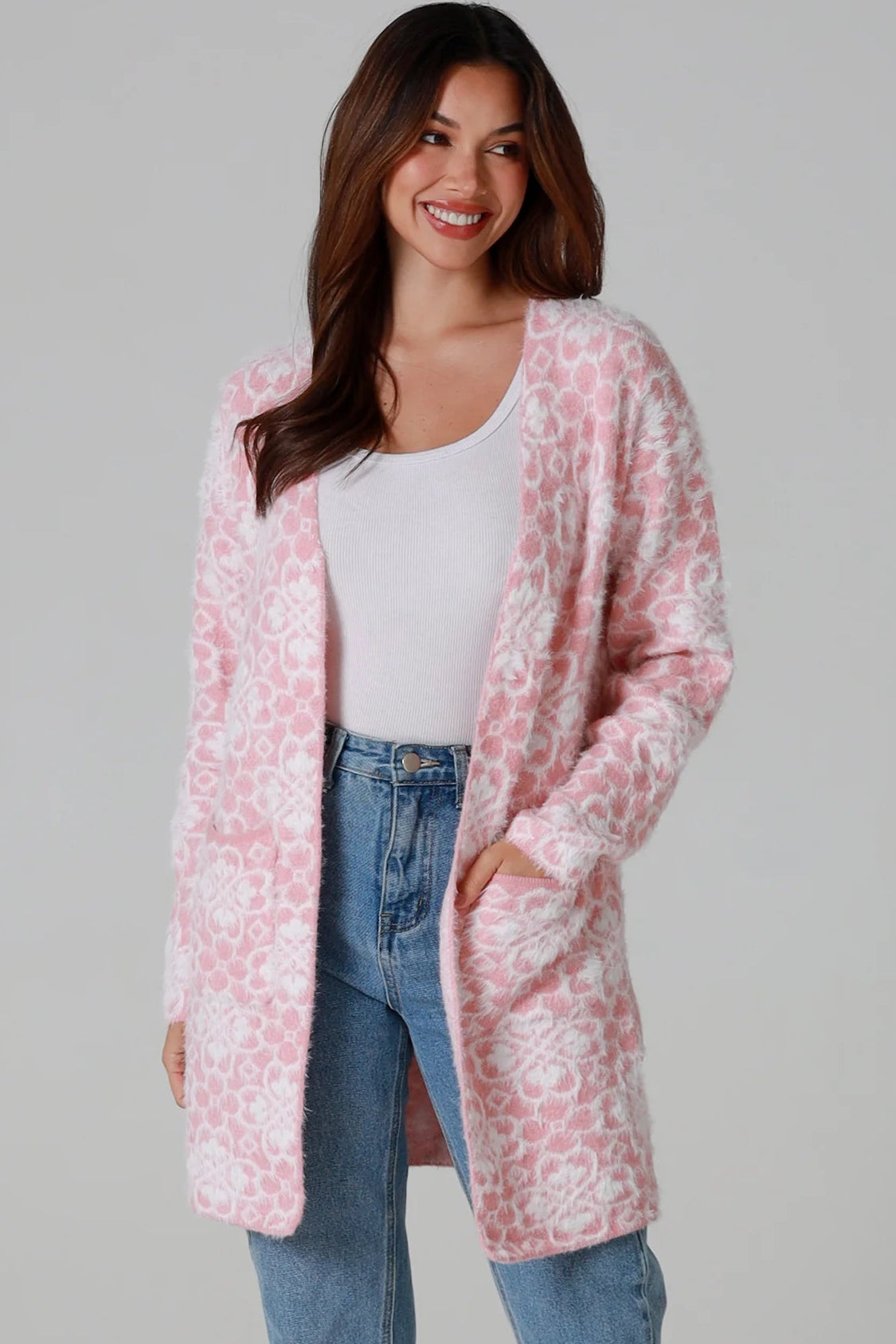 Luxury pink floral longline cardigan brushed knit with front patch pockets Charlotte the Label soft halo texture. Boho Knitwear Australia.
