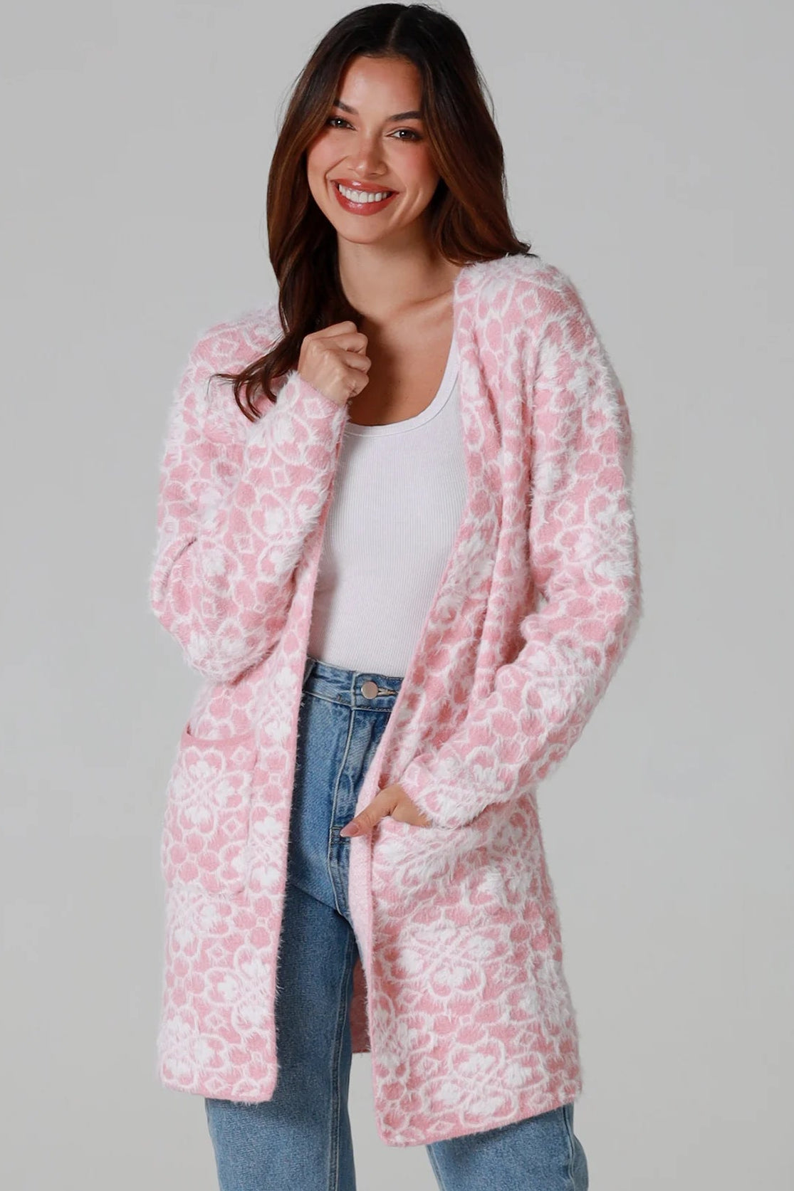 Luxury pink floral longline cardigan brushed knit with front patch pockets Charlotte the Label soft halo texture. Boho Knitwear Australia.