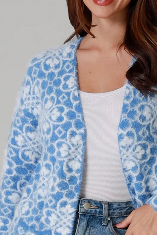 Fluffy brushed blue floral longline cardigan soft halo knit cosy winter knitwear Australia one size