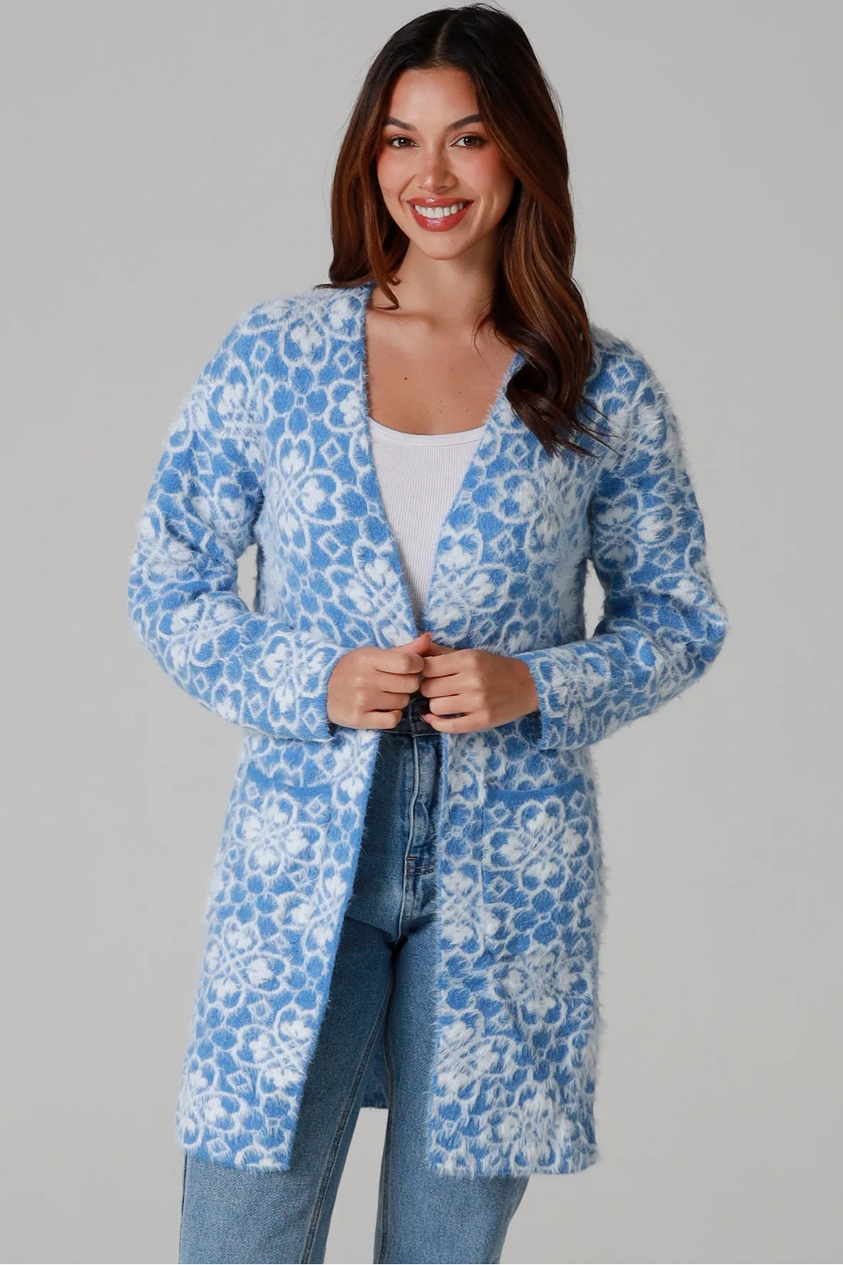 Fluffy brushed blue floral longline cardigan soft halo knit cosy winter knitwear Australia one size
