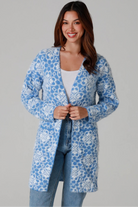 Fluffy brushed blue floral longline cardigan soft halo knit cosy winter knitwear Australia one size