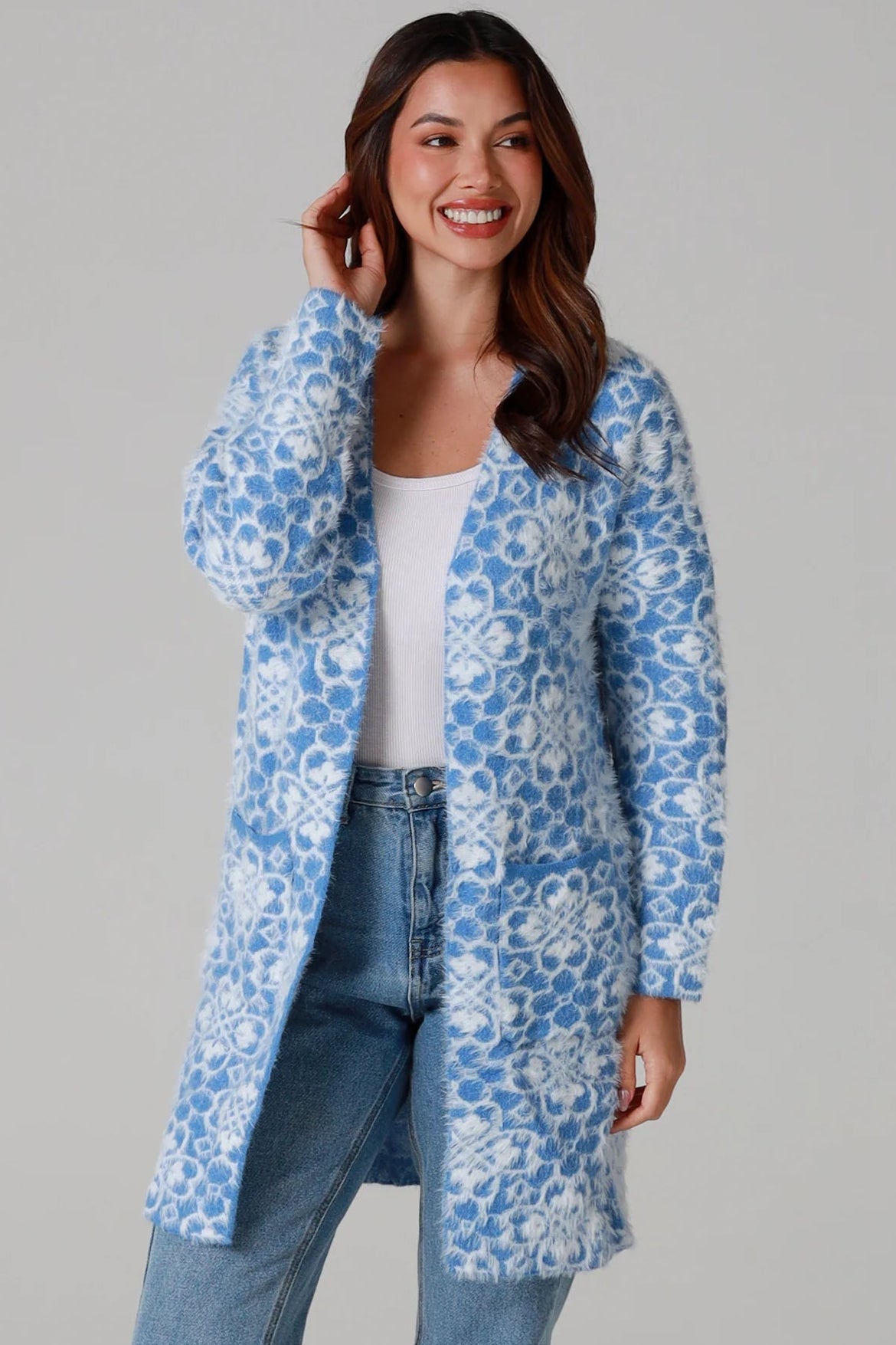 Fluffy brushed blue floral longline cardigan soft halo knit cosy winter knitwear Australia one size