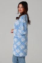 Fluffy brushed blue floral longline cardigan soft halo knit cosy winter knitwear Australia one size