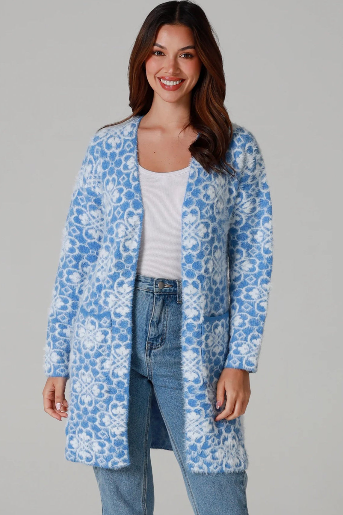Fluffy brushed blue floral longline cardigan soft halo knit cosy winter knitwear Australia one size