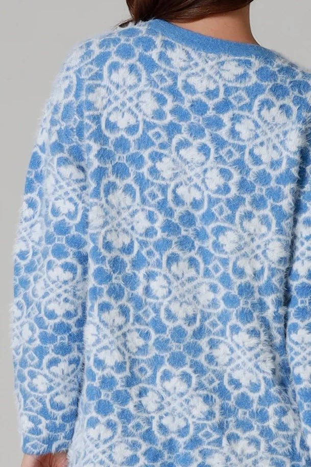 Fluffy brushed blue floral longline cardigan soft halo knit cosy winter knitwear Australia one size