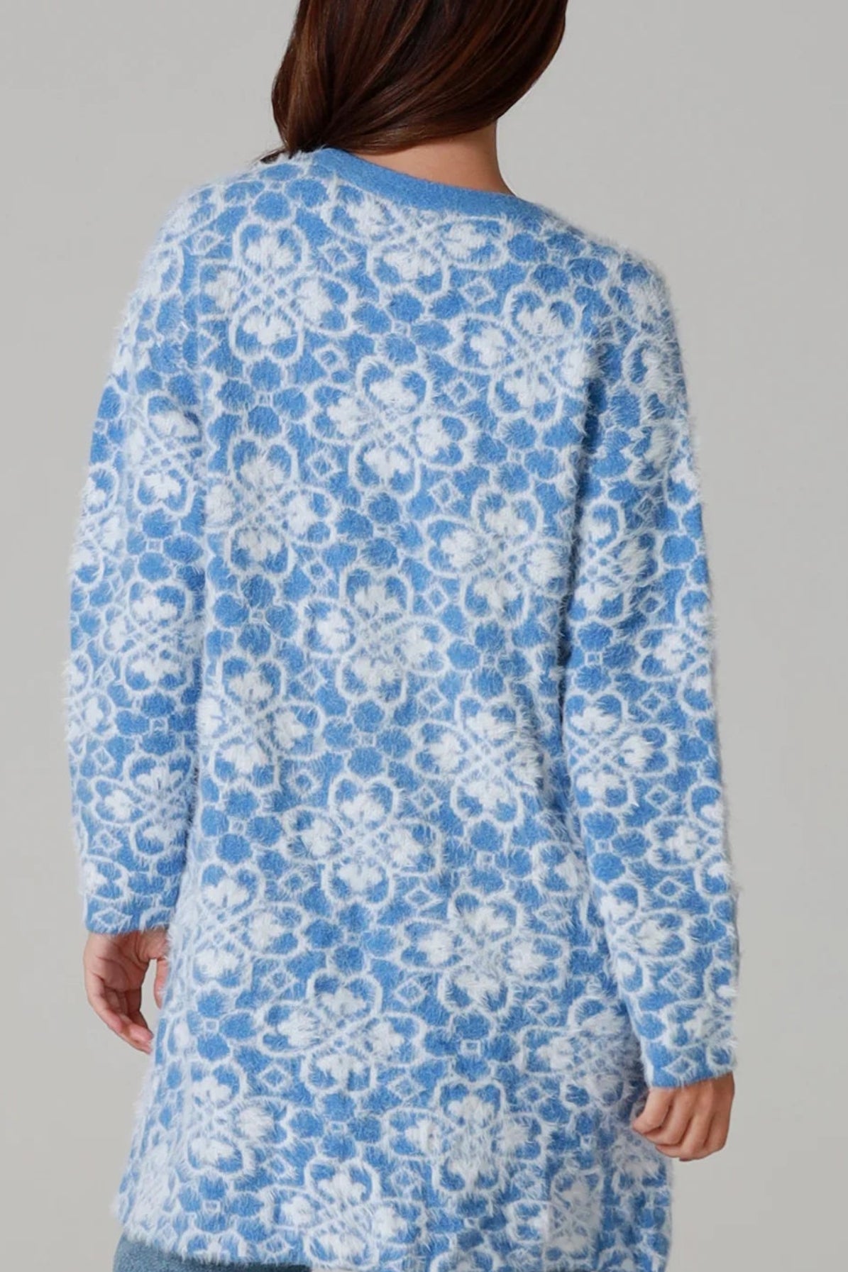 Fluffy brushed blue floral longline cardigan soft halo knit cosy winter knitwear Australia one size