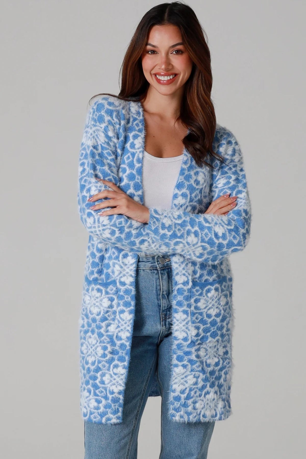 Fluffy brushed blue floral longline cardigan soft halo knit cosy winter knitwear Australia one size