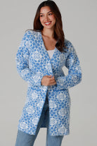 Fluffy brushed blue floral longline cardigan soft halo knit cosy winter knitwear Australia one size