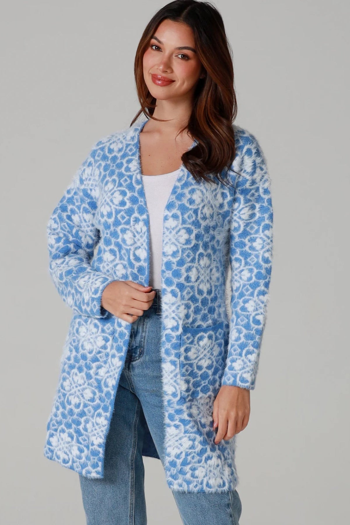 Fluffy brushed blue floral longline cardigan soft halo knit cosy winter knitwear Australia one size