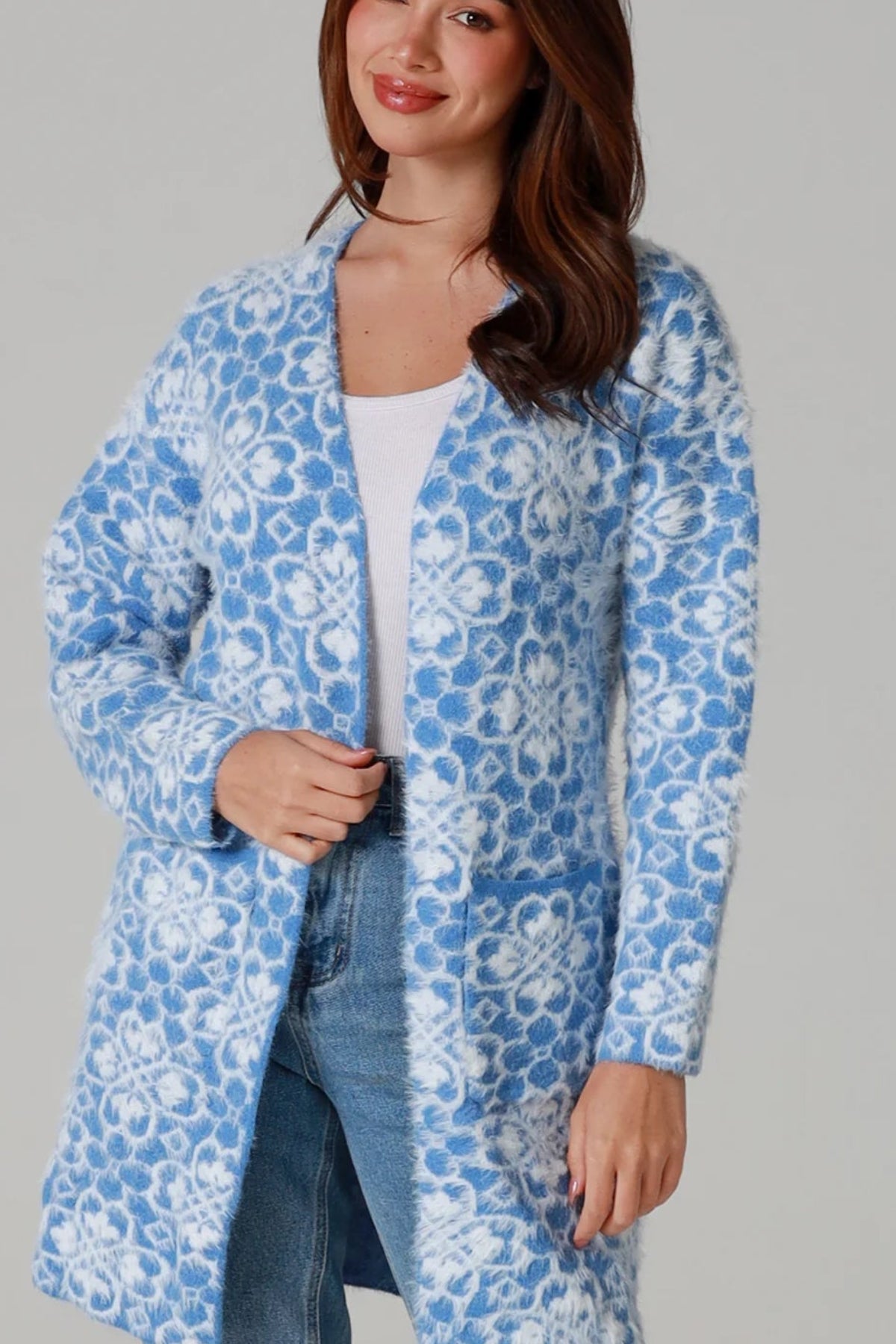 Fluffy brushed blue floral longline cardigan soft halo knit cosy winter knitwear Australia one size