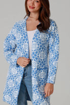 Fluffy brushed blue floral longline cardigan soft halo knit cosy winter knitwear Australia one size