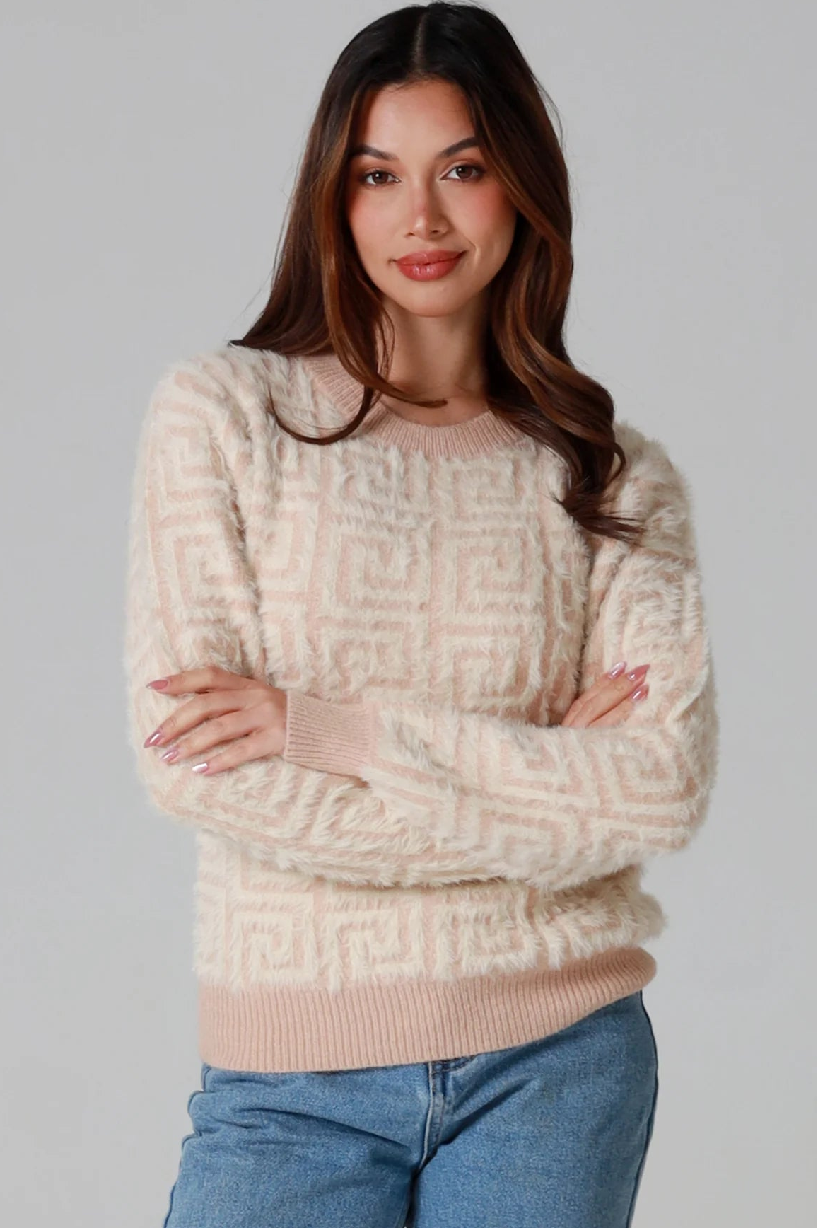 Ziggy Geometric Knit Jumper Cream by Charlotte The Label with textured eyelash knit design