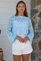 Sky blue crochet cotton crop top with bell sleeves and scalloped hem — Beatrix by Willow The Label Australia