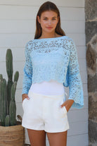 Sky blue crochet cotton crop top with bell sleeves and scalloped hem — Beatrix by Willow The Label Australia