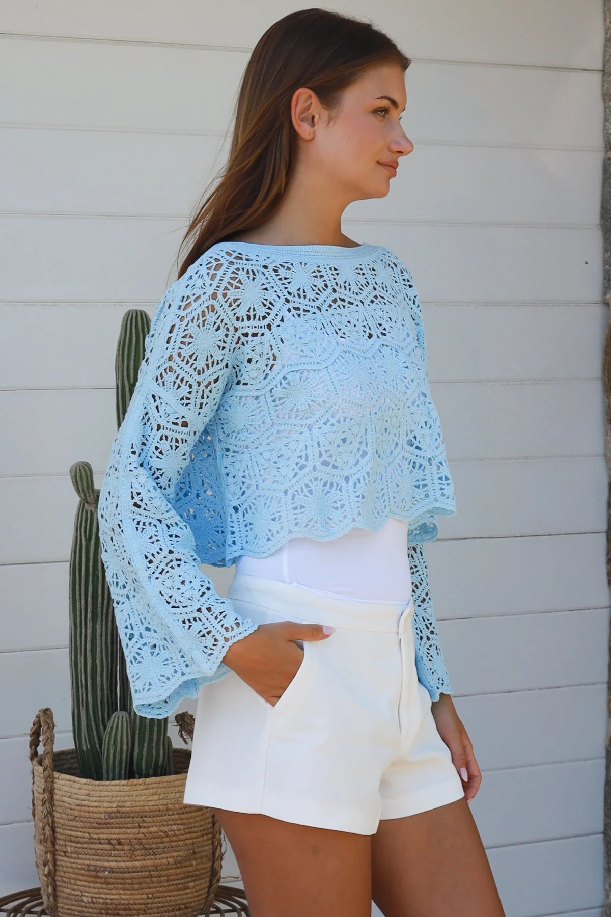 Sky blue crochet cotton crop top with bell sleeves and scalloped hem — Beatrix by Willow The Label Australia