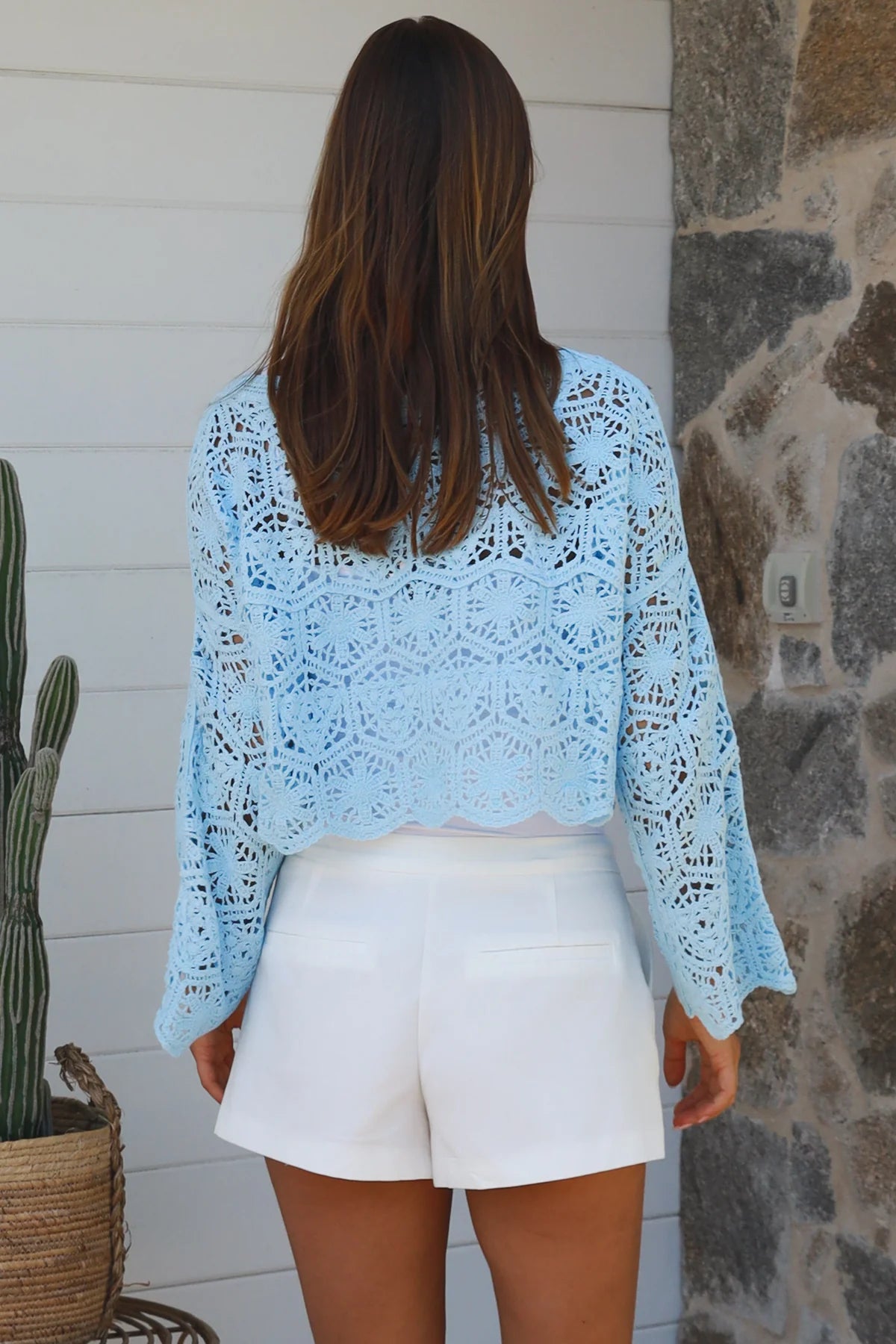 Sky blue crochet cotton crop top with bell sleeves and scalloped hem — Beatrix by Willow The Label Australia