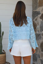 Sky blue crochet cotton crop top with bell sleeves and scalloped hem — Beatrix by Willow The Label Australia