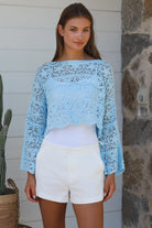 Sky blue crochet cotton crop top with bell sleeves and scalloped hem — Beatrix by Willow The Label Australia