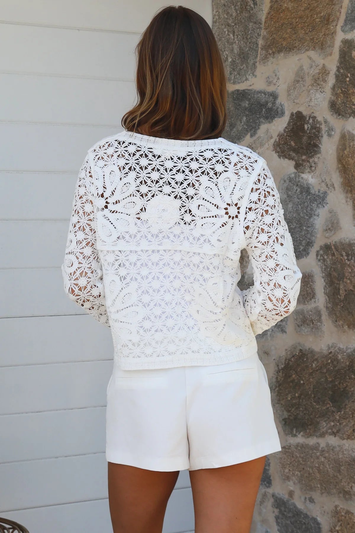 White crochet cardigan with floral blossom pattern soft vegan cotton breathable summer boho wardrobe essential — Willow Label