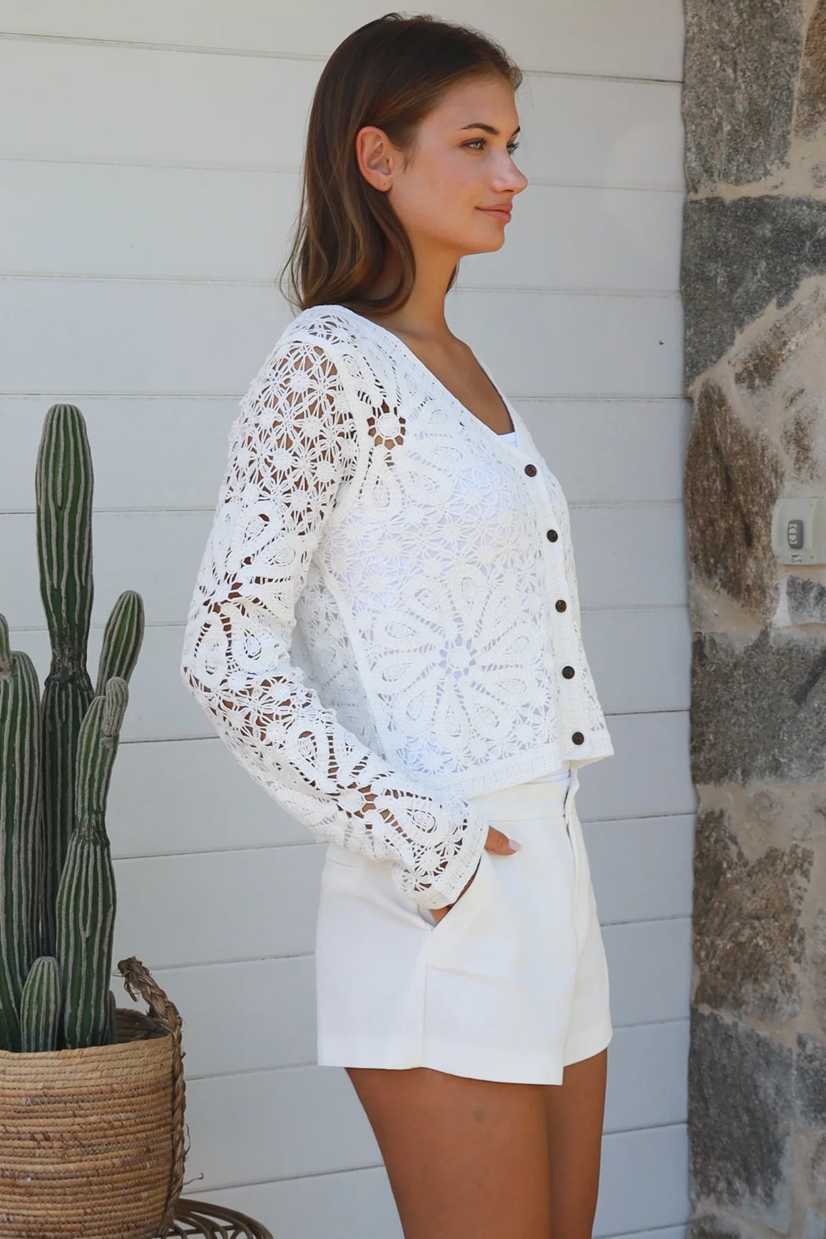 White crochet cardigan with floral blossom pattern soft vegan cotton breathable summer boho wardrobe essential — Willow Label