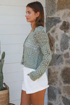 Sage crochet cotton cardigan with floral detailing and buttons long sleeve boho knit by Bohemian Love Runway Australia
