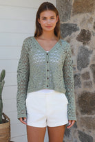 Sage crochet cotton cardigan with floral detailing and buttons long sleeve boho knit by Bohemian Love Runway Australia