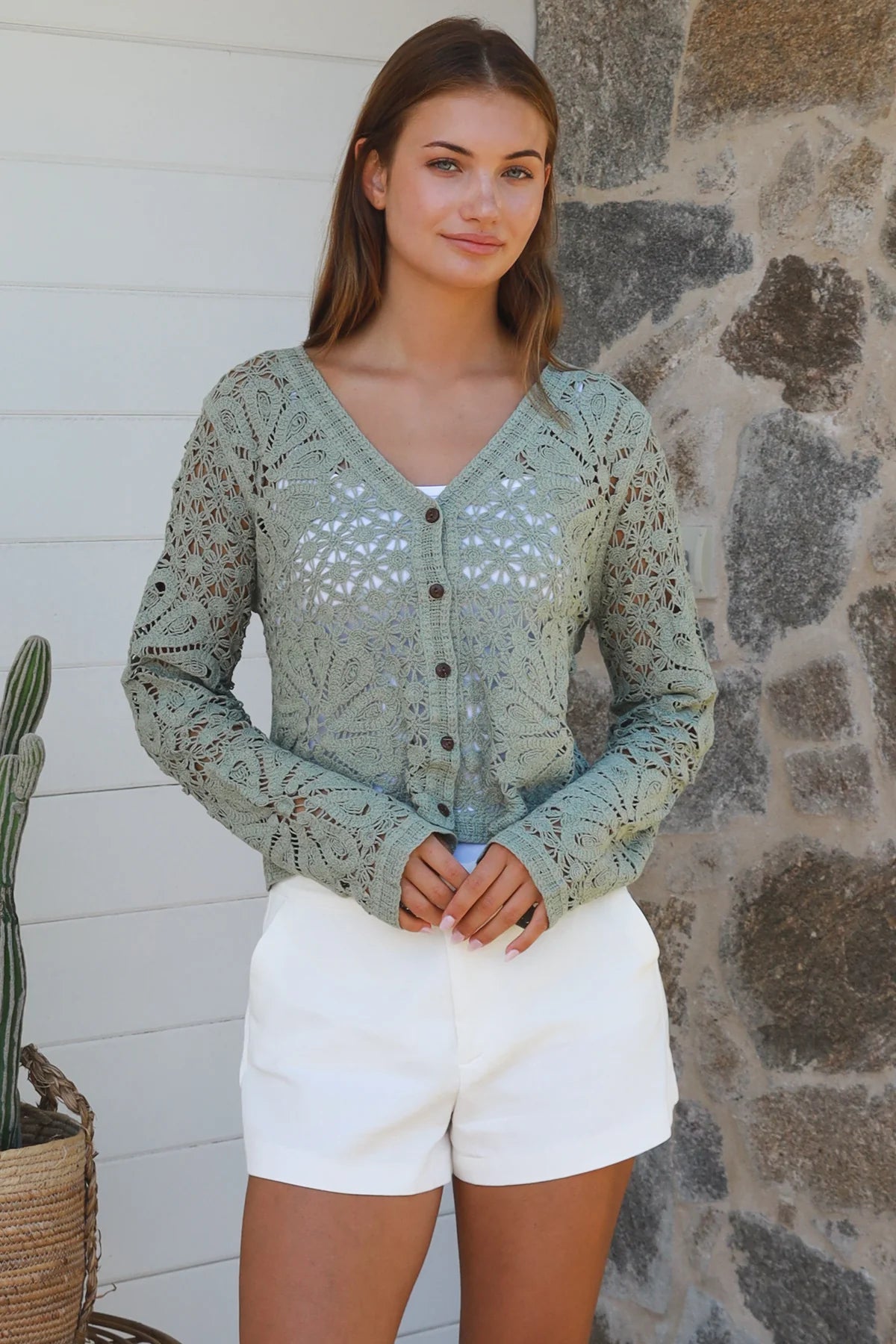 Sage crochet cotton cardigan with floral detailing and buttons long sleeve boho knit by Bohemian Love Runway Australia