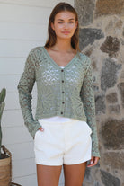 Sage crochet cotton cardigan with floral detailing and buttons long sleeve boho knit by Bohemian Love Runway Australia
