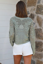 Sage crochet cotton cardigan with floral detailing and buttons long sleeve boho knit by Bohemian Love Runway Australia