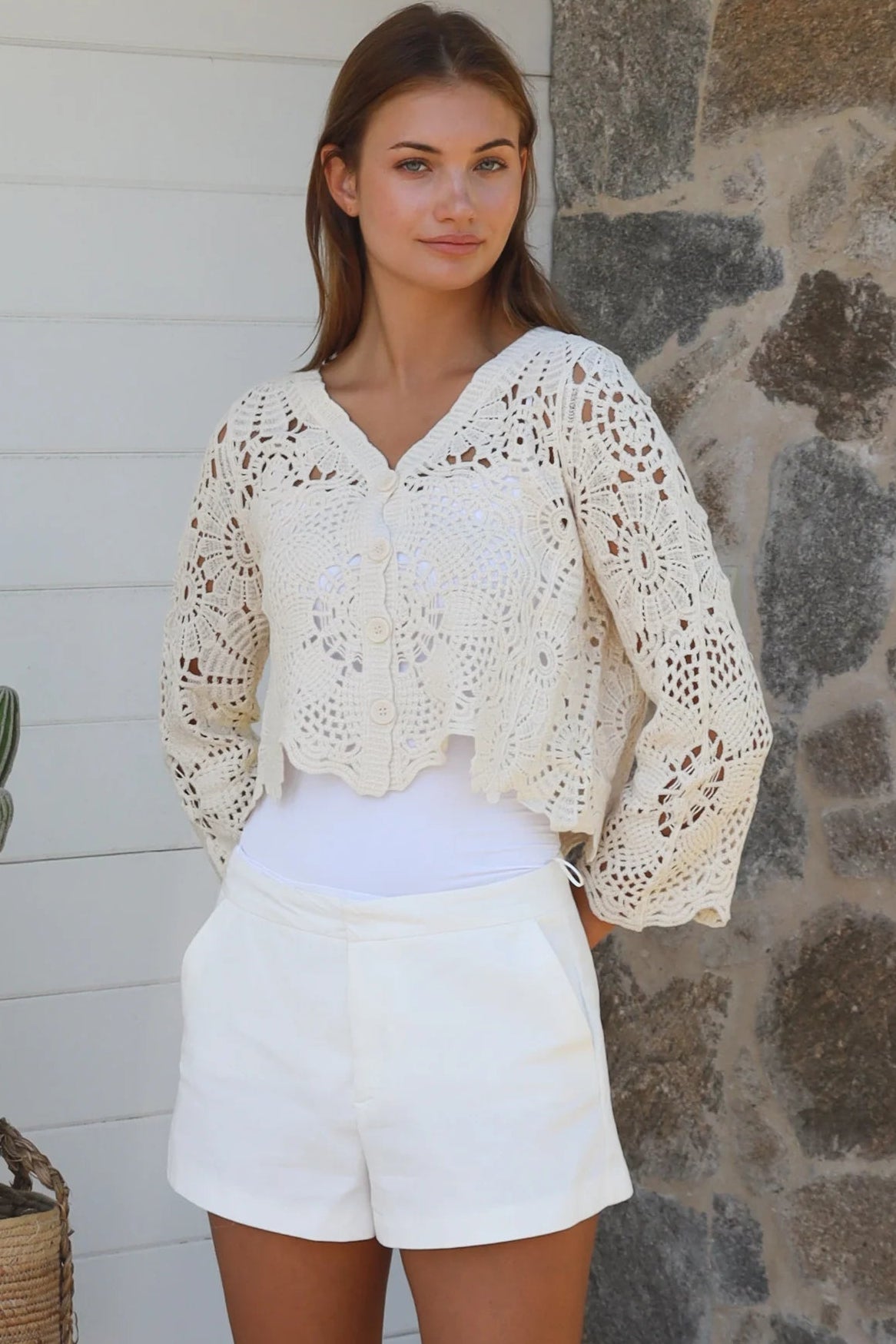 Cream crochet cotton cardigan with scalloped hem and flared sleeves by Willow the Label, women’s boho cardigan