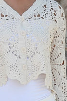Cream crochet cotton cardigan with scalloped hem and flared sleeves by Willow the Label, women’s boho cardigan