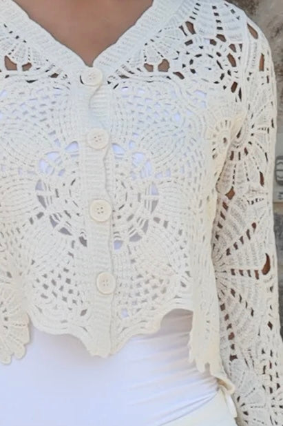 Cream crochet cotton cardigan with scalloped hem and flared sleeves by Willow the Label, women’s boho cardigan