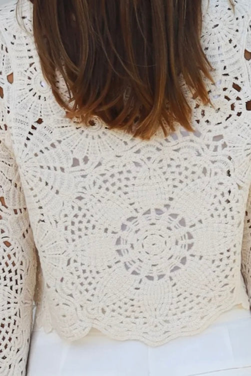 Cream crochet cotton cardigan with scalloped hem and flared sleeves by Willow the Label, women’s boho cardigan