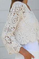 Cream crochet cotton cardigan with scalloped hem and flared sleeves by Willow the Label, women’s boho cardigan