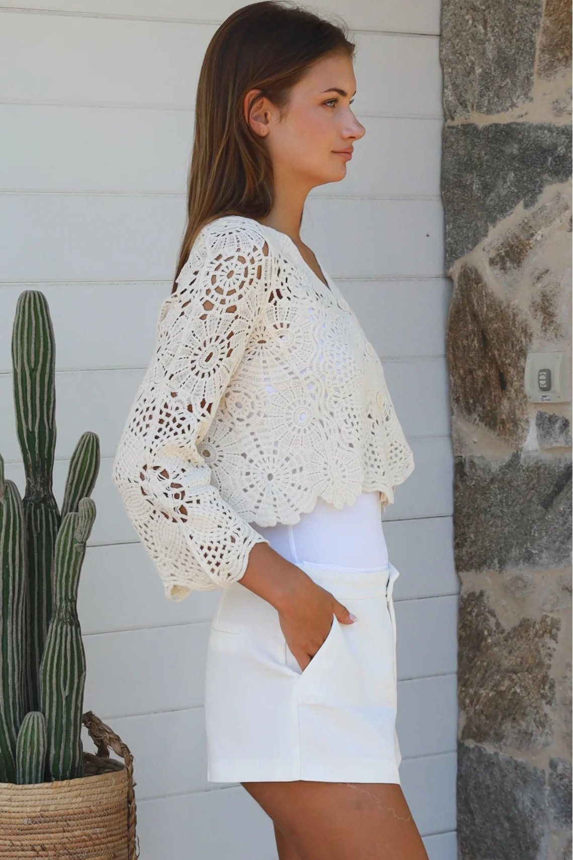 Cream crochet cotton cardigan with scalloped hem and flared sleeves by Willow the Label, women’s boho cardigan