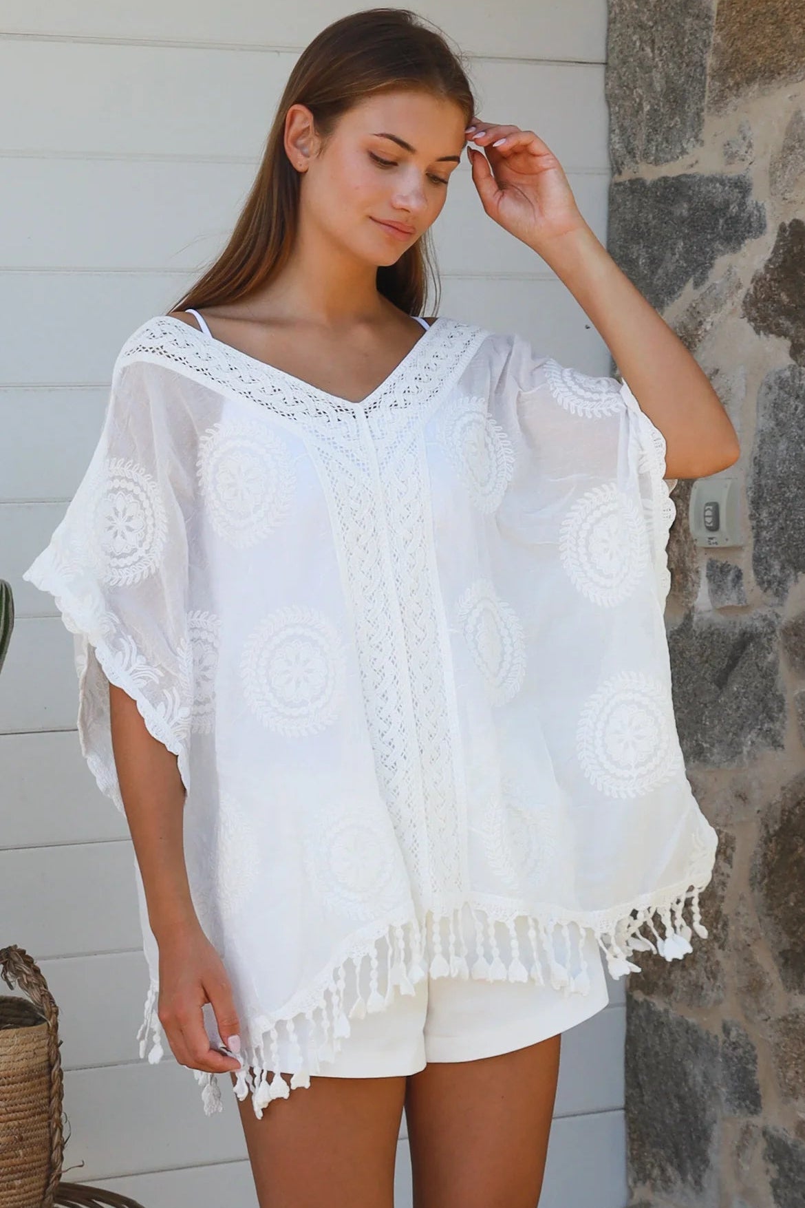 Essie embroidered white cotton kimono top with crochet medallion detailing scalloped sleeves and tassel hem