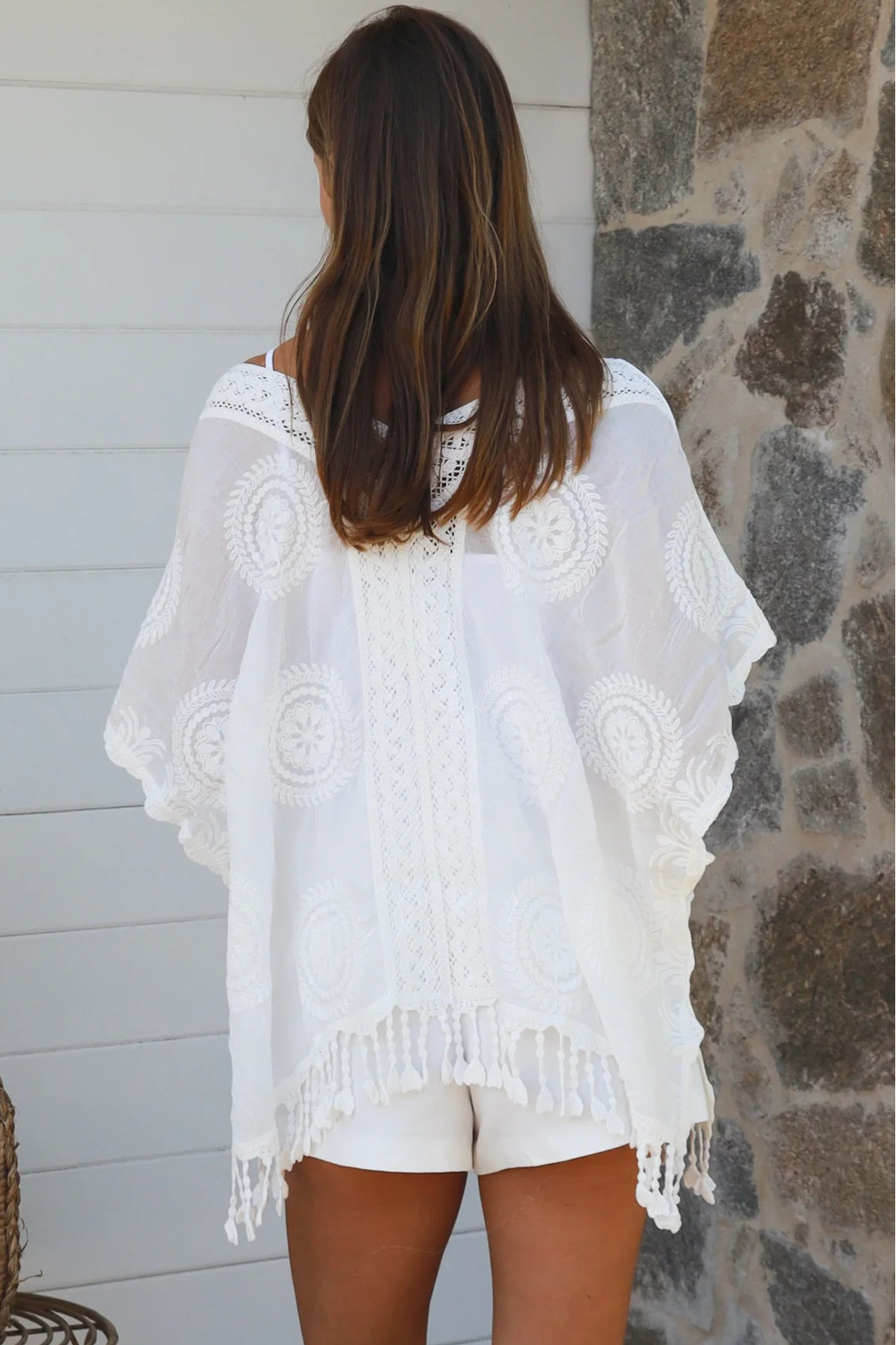 Essie embroidered white cotton kimono top with crochet medallion detailing scalloped sleeves and tassel hem