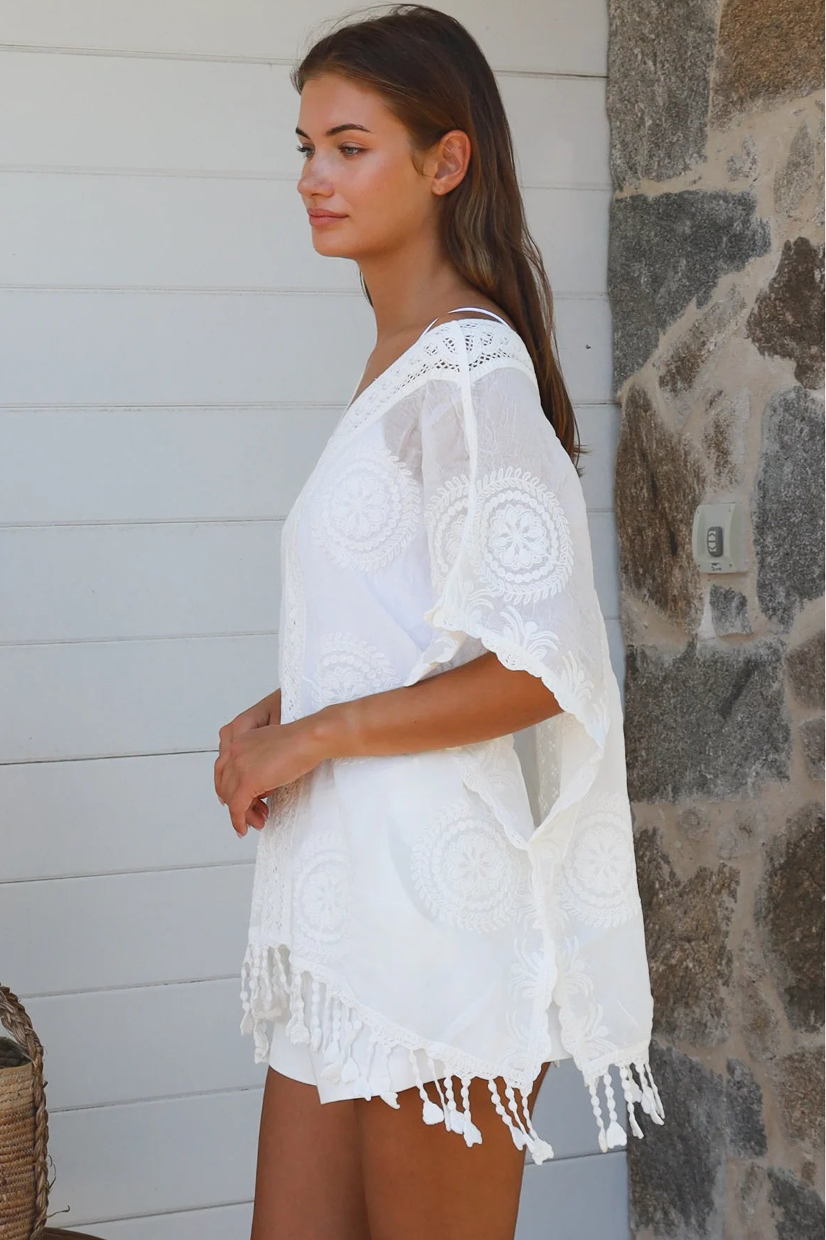 Essie embroidered white cotton kimono top with crochet medallion detailing scalloped sleeves and tassel hem