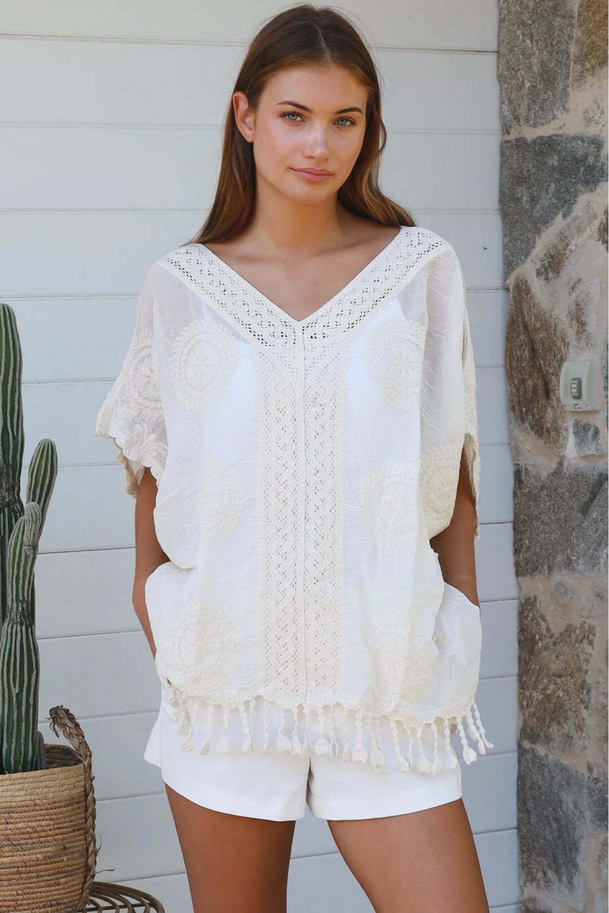Essie Embroidered Cotton Kimono Top Cream boho embroidered cotton top with crochet detailing and relaxed kimono sleeves.